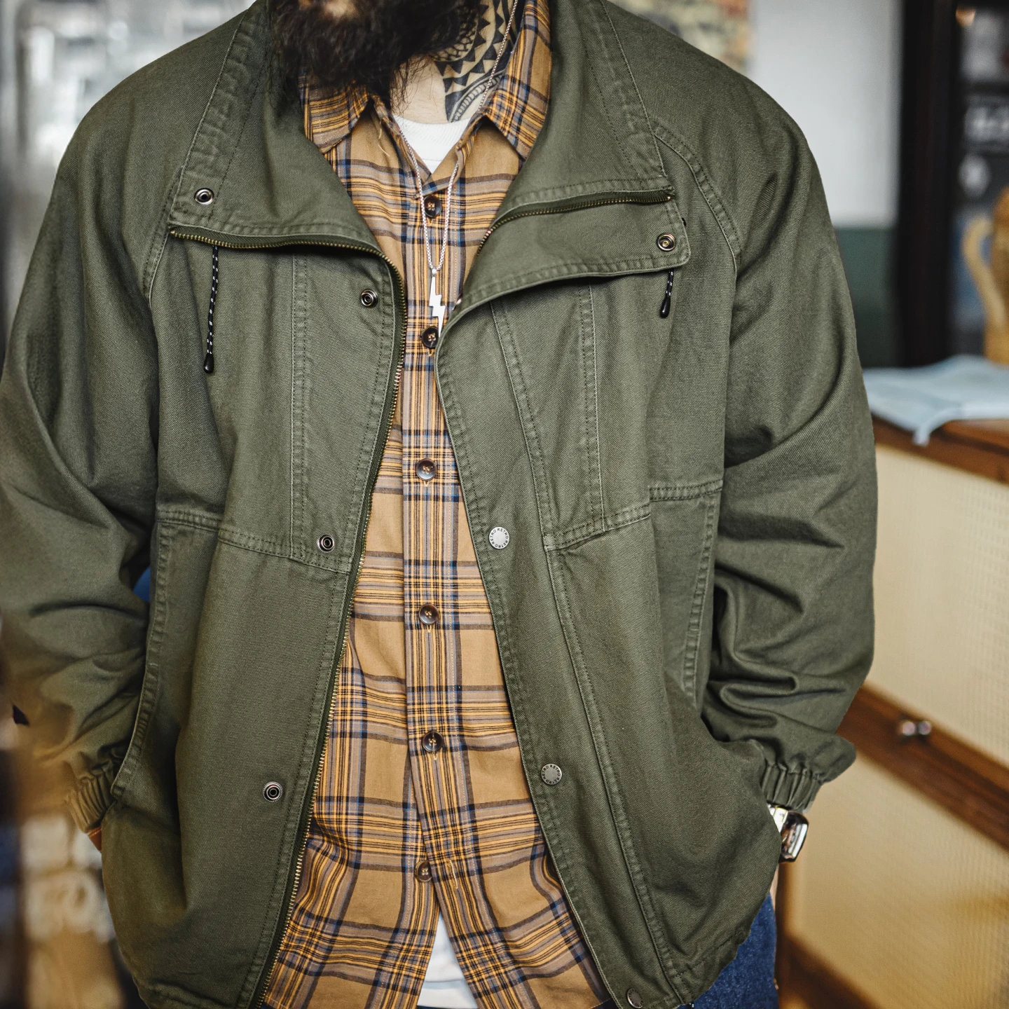 Maden Men’s Retro M65 Stand Collar Military Jacket Windbreaker Zipper Cotton Coat Casual Loose Fit cargo Outerwear for Fall