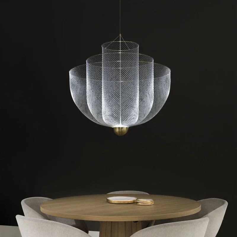 Modern Dimmable LED Ceiling Chandelier Metal Grid Meshmatics Design Pendant Light Dining Hanging Lamp