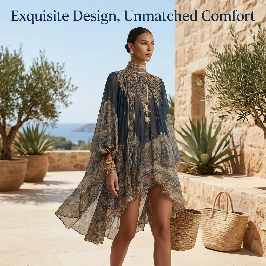 226 Printed Chiffon Dress Women's High Neck Loose Irregular Hem Cape Sleeve Vacation Mini Dress