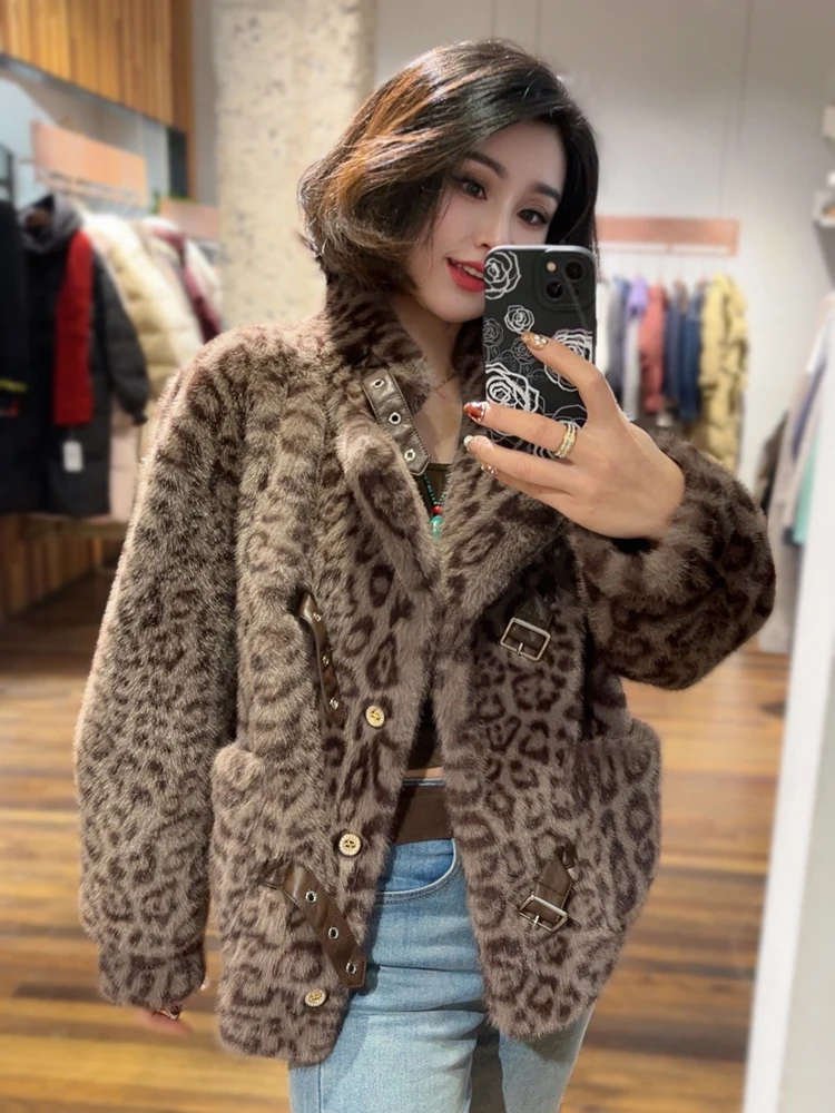 Chaquetas de piel sintética a la moda para mujer, abrigos elegantes de moda integrada con estampado de leopardo, pelo de visón de imitación, piel cálida, invierno 2024