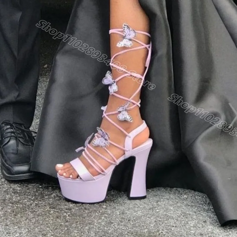 

Purple Platform Butterfly Decor Sandals Open Toe Sweet Style Chunky Heels Ankle Strap Summer Women Shoes Zapatos Para Mujere