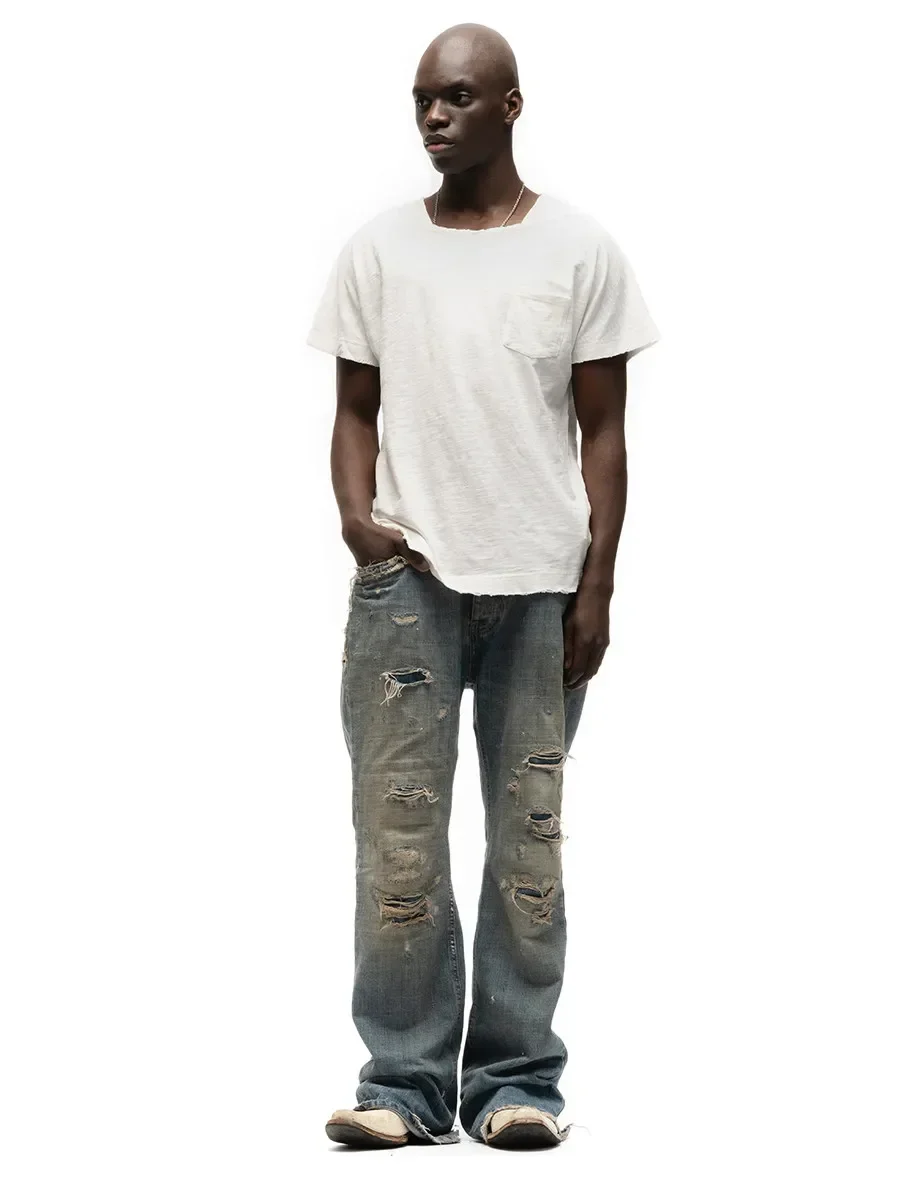 No faith studios edging ruins shoulder sleeves pockets slub texture snowflake t-shirt