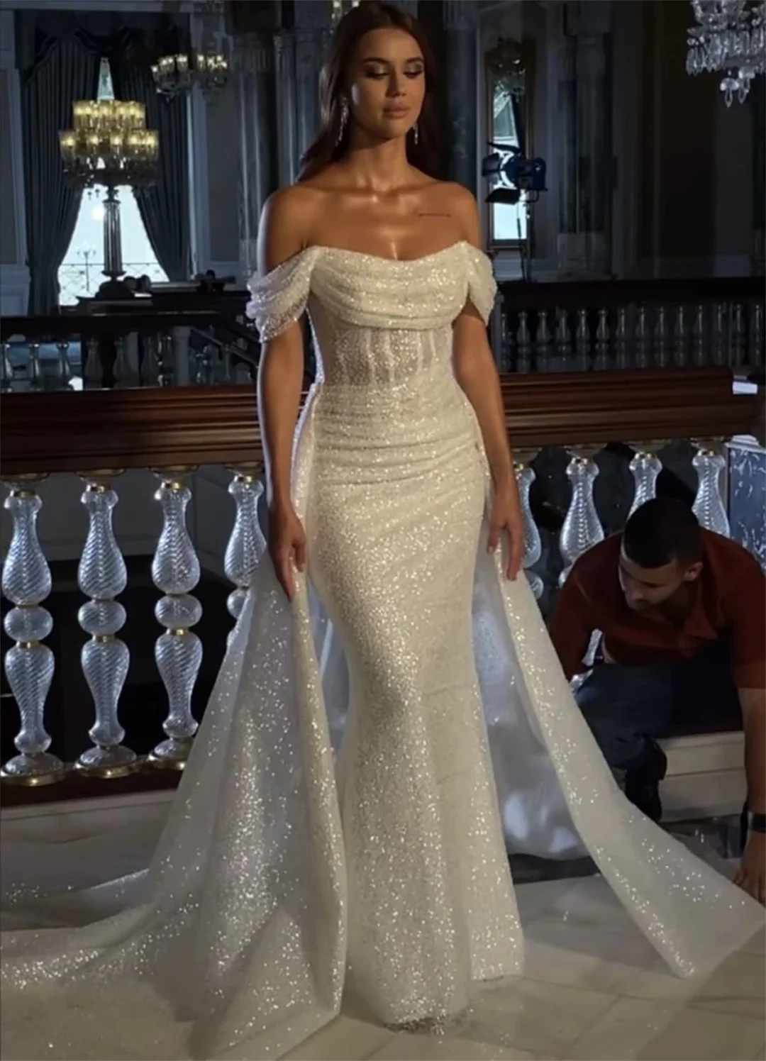 

Luxurious Off the Shoulder Beading Mermaid Wedding Dresses Customized Sequin Pearl Ruffle Floor-Length Bridal Wedding Prom Dress