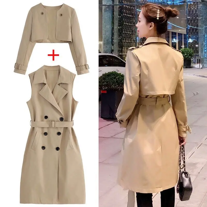 

New 2021 Women Trench Long Section Solid Color Coat Light Weight Casual Lady's Windbreak Collection Black Khaki Size XXL