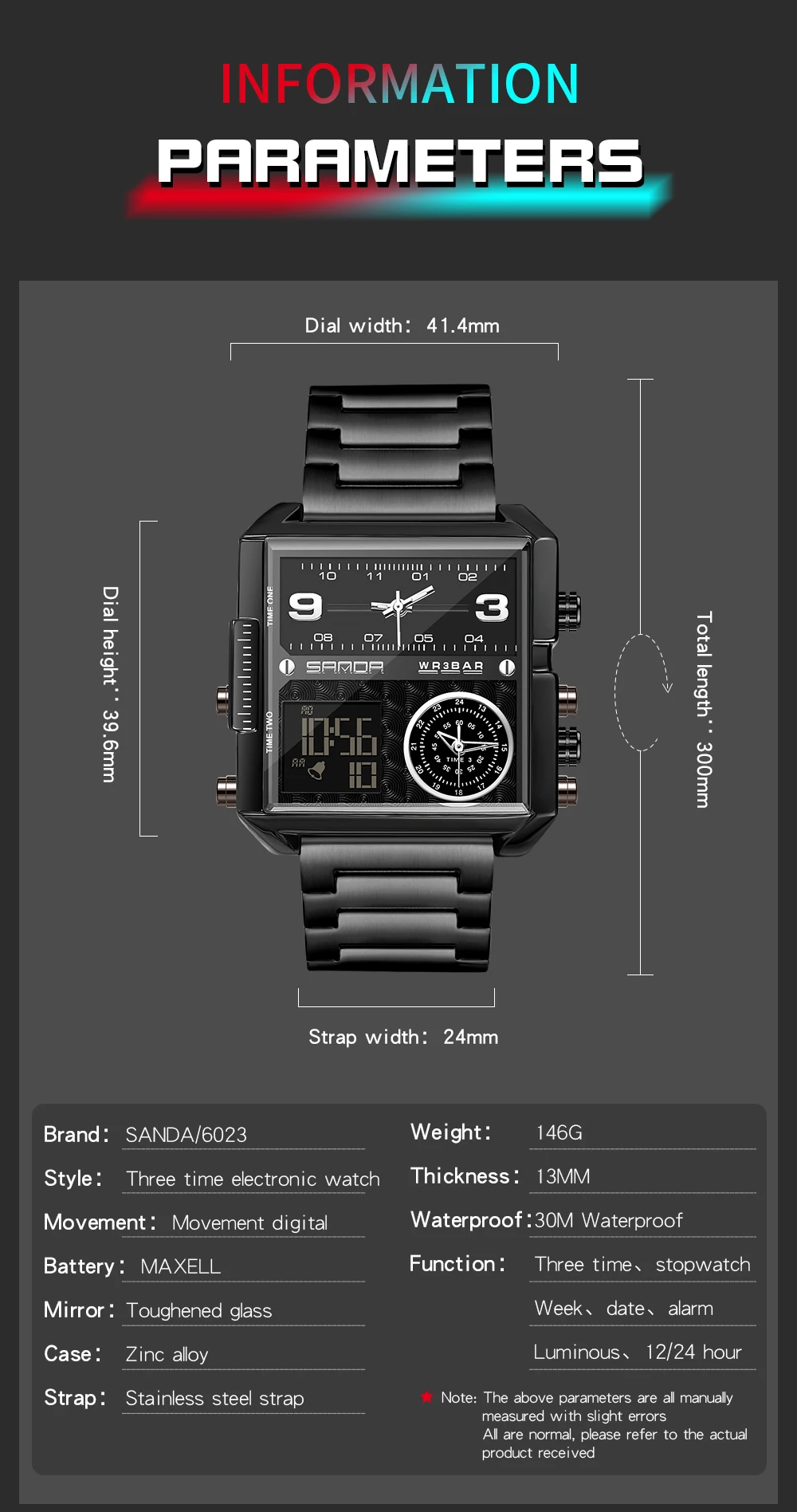 2023 SANDA 6023 Casual Personality Business Men\'s Watch Fashion Square Electronic Watch Cool Stainless Steel Luminous Watch