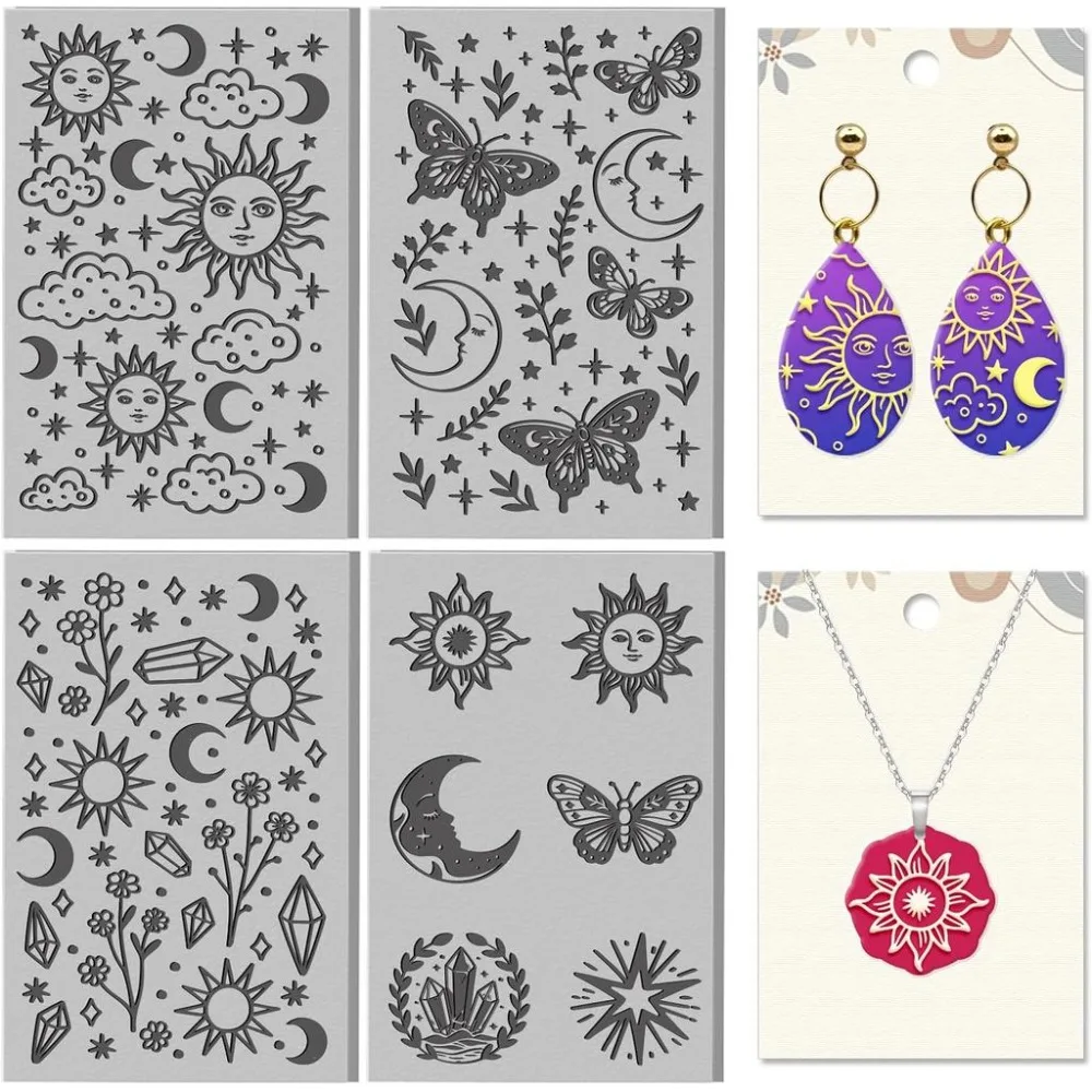 4 Sheets Sun and Moon Divination Elements Clay Texture Mat Flowers Pattern Polymer Clay Texture Sheets DIY Tools for Pottery