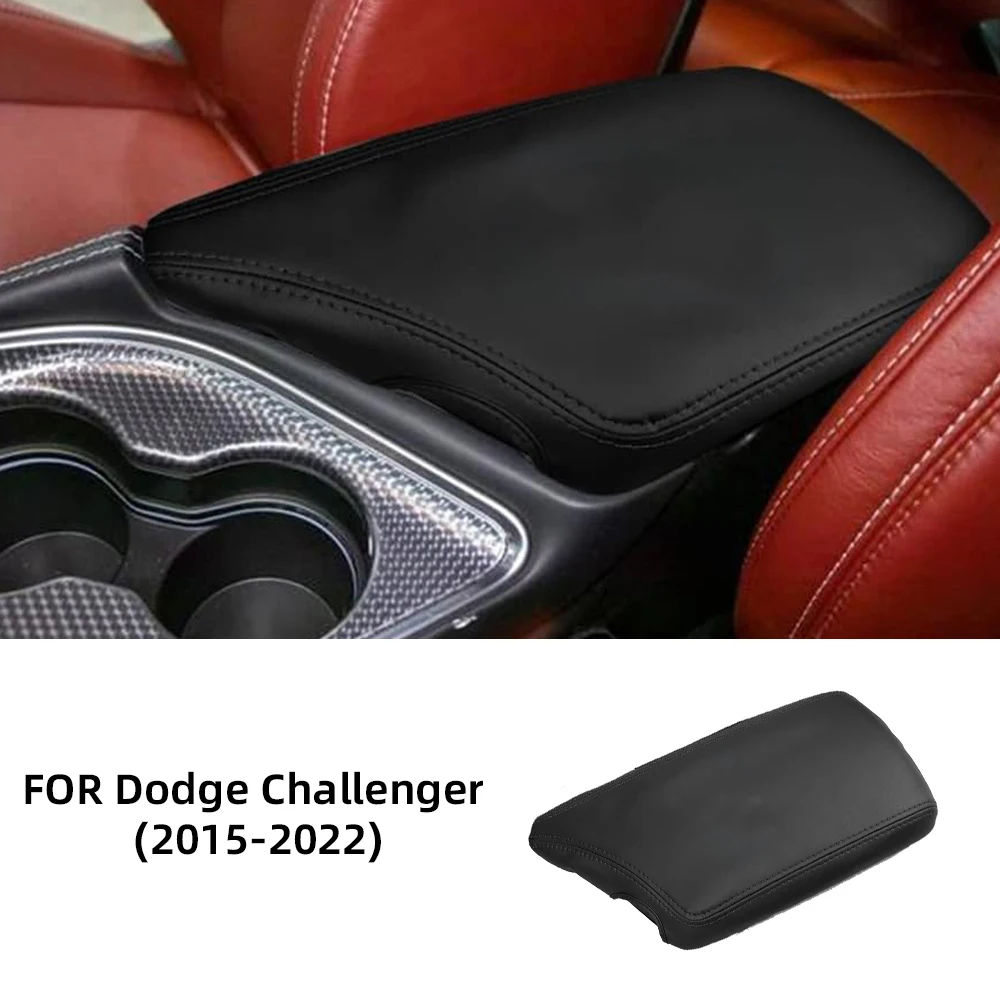 For Dodge Challenger 2015-2022 Armrest Box Cover Black Leather With Red Black Stitching Center Console Protector Interior Accs