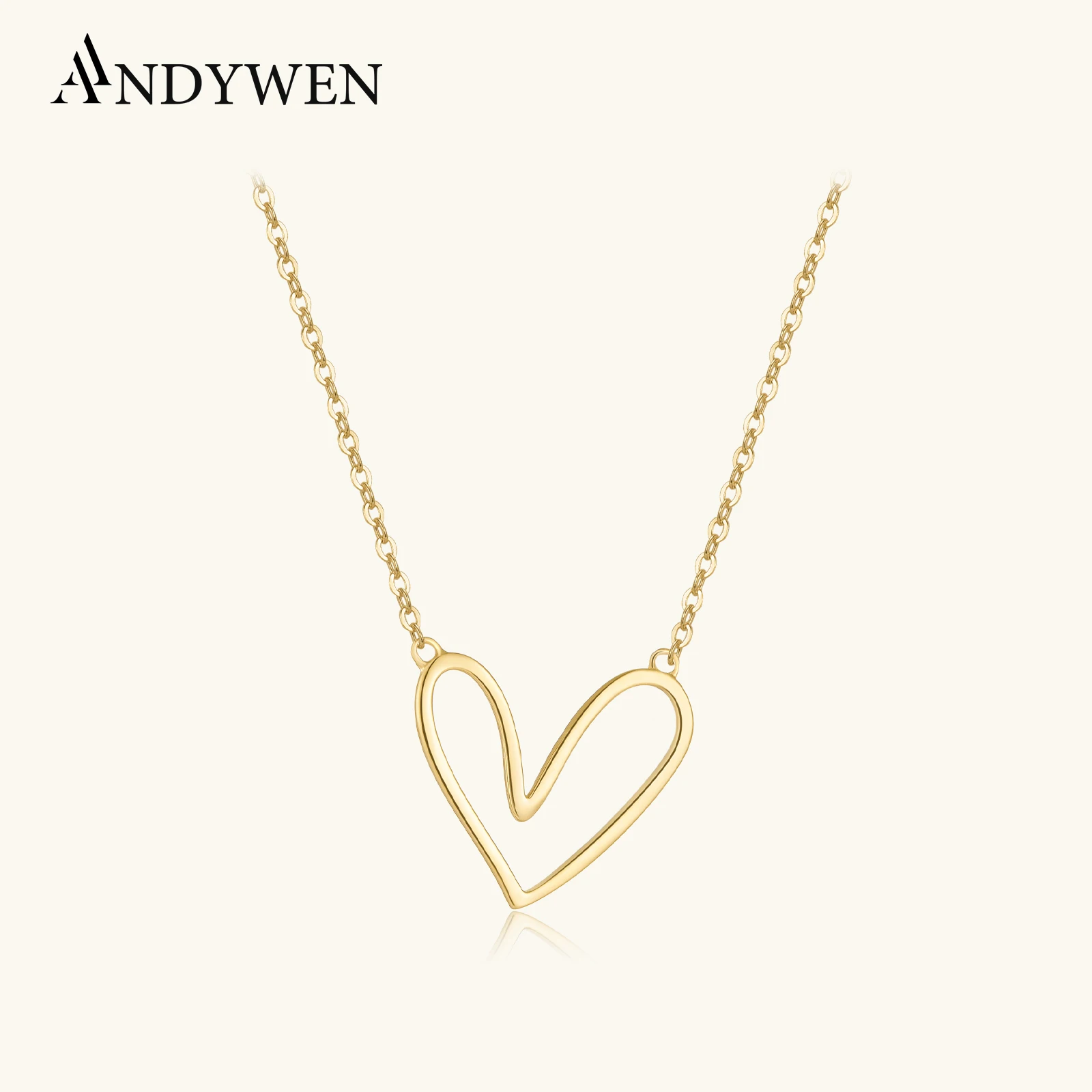 ANDYWEN 925 Sterling Silver Gold Plain Irregular Plain Heart Love Pendant Long Chain 2024 Party Fine Jewelry Spring Valentines