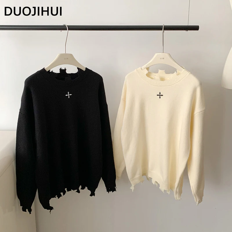 DUOJIHUI Black Casual Loose Simple Female Pullover American Vintage Knitting Solid Color Fashion Sweater Women Pullover Apricot