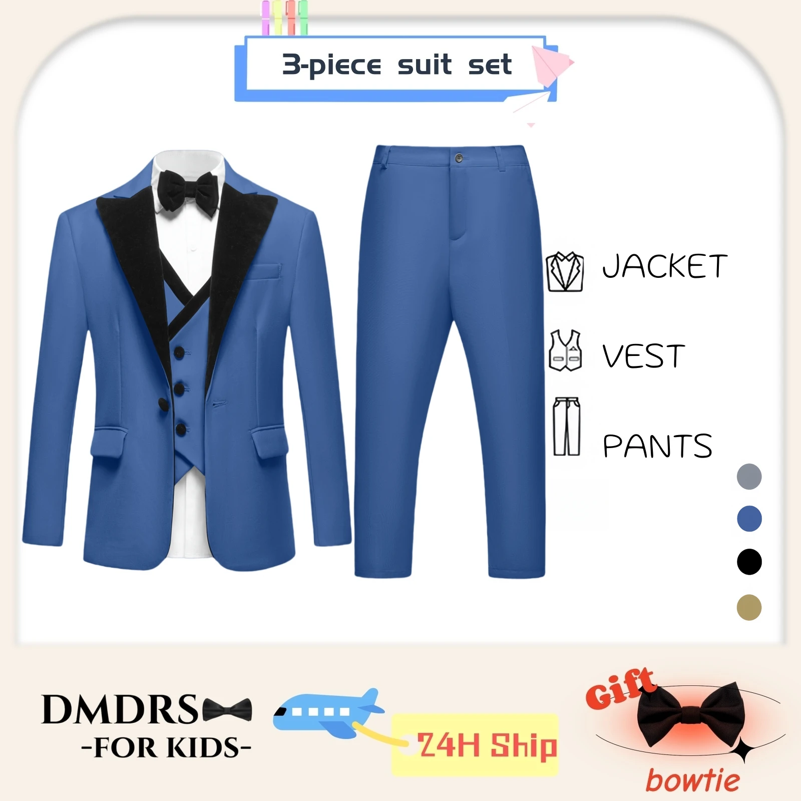 

Комплект костюма с бархатным воротником для детей 3-14 лет, однобортные официальные костюмы, куртка, брюки, жилет с галстуком-бабочкой