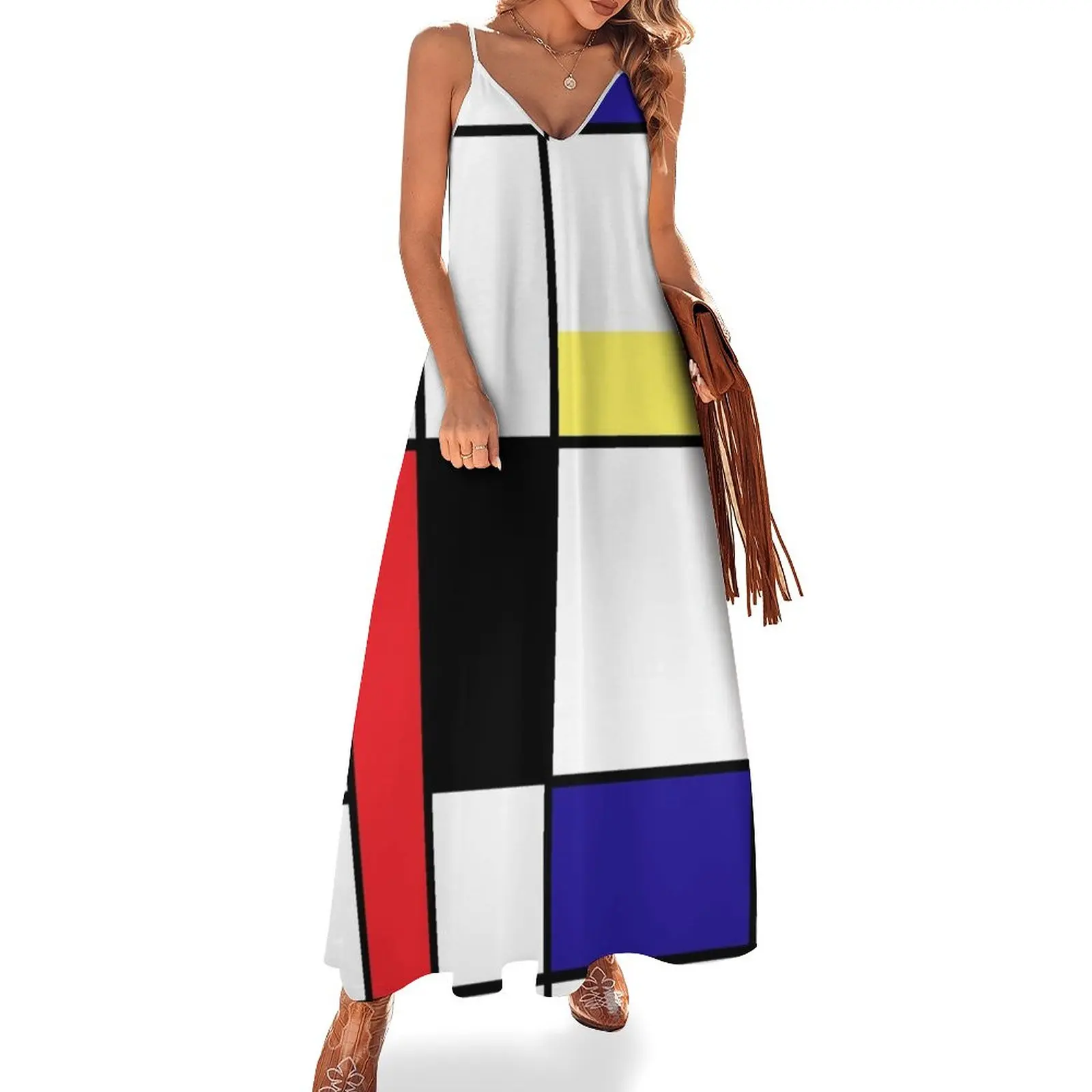 

Mondrian Art, Minimalist, red white blue yellow black Sleeveless Dress summer dress Woman's evening dress