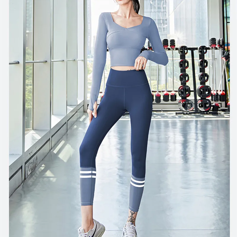 

Women Yoga Gym Fitness Sports Suit Long Sleeve Shirts+High Waist Legging Two Piece Set Pilates Workout Quick Dry Slim Tight Sets