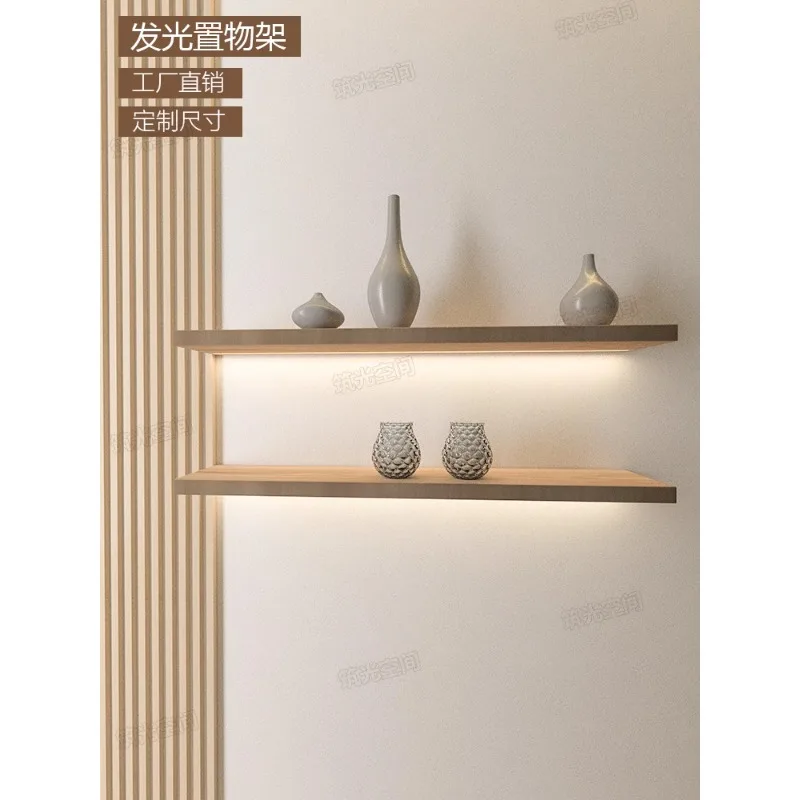 Solid wood light shelf wall log baffle wall hanging luminous word shelf new Chinese Nordic creative bookshelf