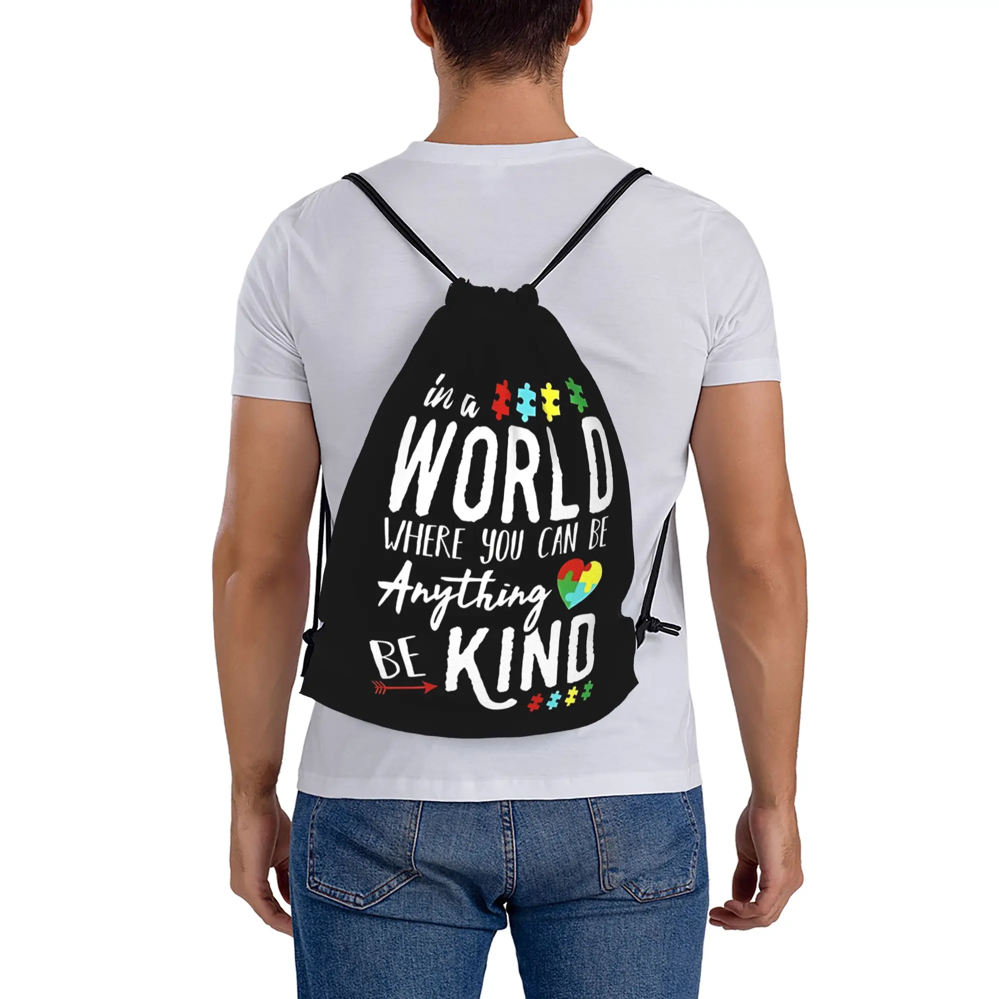Autism Awareness  Portable Hiking Drawstring Backpack Riding Backpack Gym Shoes Drawstring Bags