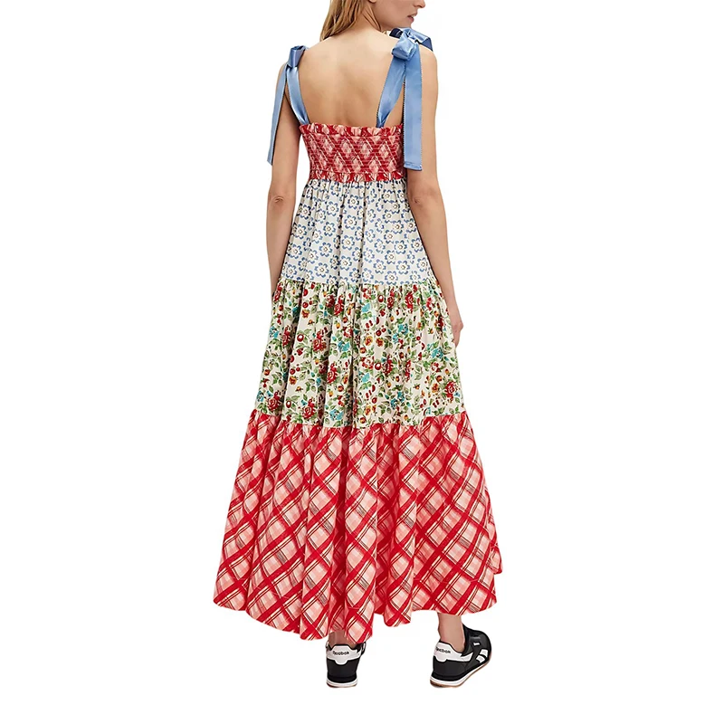 Retro ผู้หญิงฤดูร้อนชุดกระโปรงยาว Bohemian พิมพ์ชุดราตรี Sundress Casual หลวม Patchwork จีบ Maxi Dresses Vestido