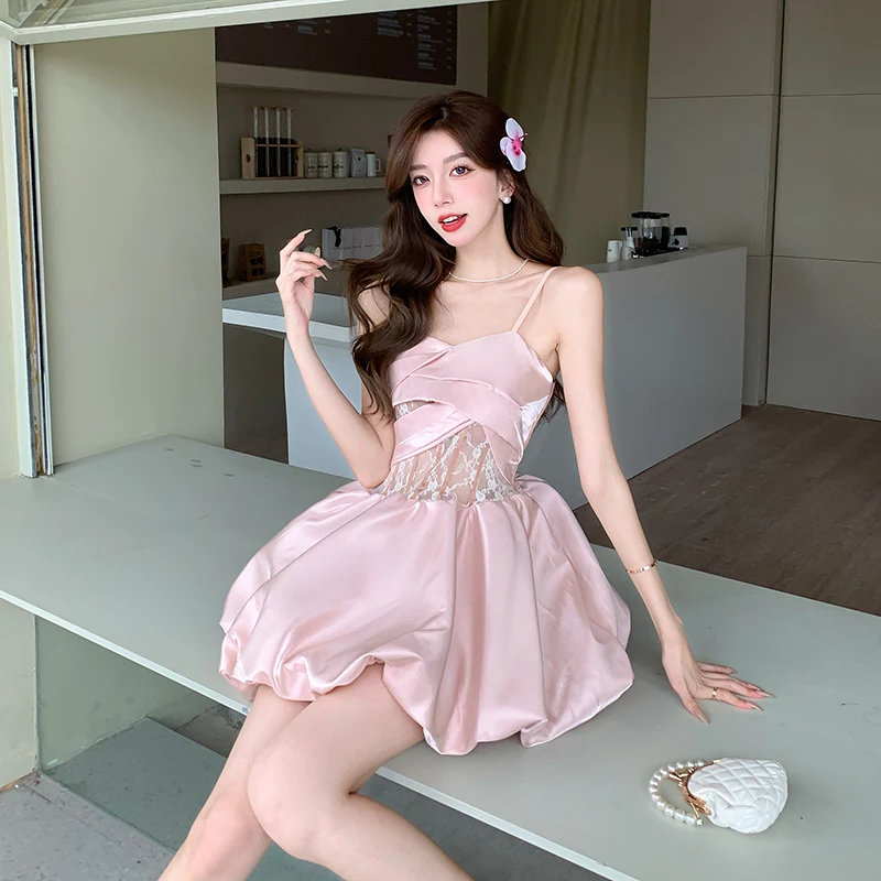 Summer new pure desire wind sweet fine flash satin senior sense of small gift dress halter bud short skirt