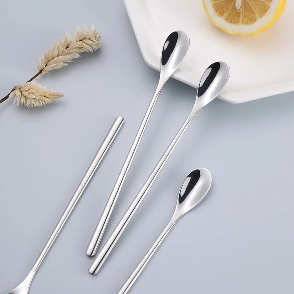 4Pcs Rustless Steel Mixing Spoon Polished Burr‑free Metal Spoon Thickened Elongated Handle Soup Mixing Utensil Food Preparation