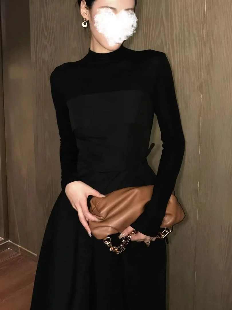 Fall Fashion High Waist A-Line Skirt Set Women's Half High Collar Splice Style Casual Breathable Comfortable Two-Piece Suit