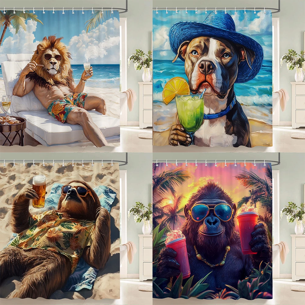 

Individuality Creative Beach Animals Fabric Shower Curtain Bath Curtains for Bathroom Funny Cats and Dogs Home Decorate Curtain