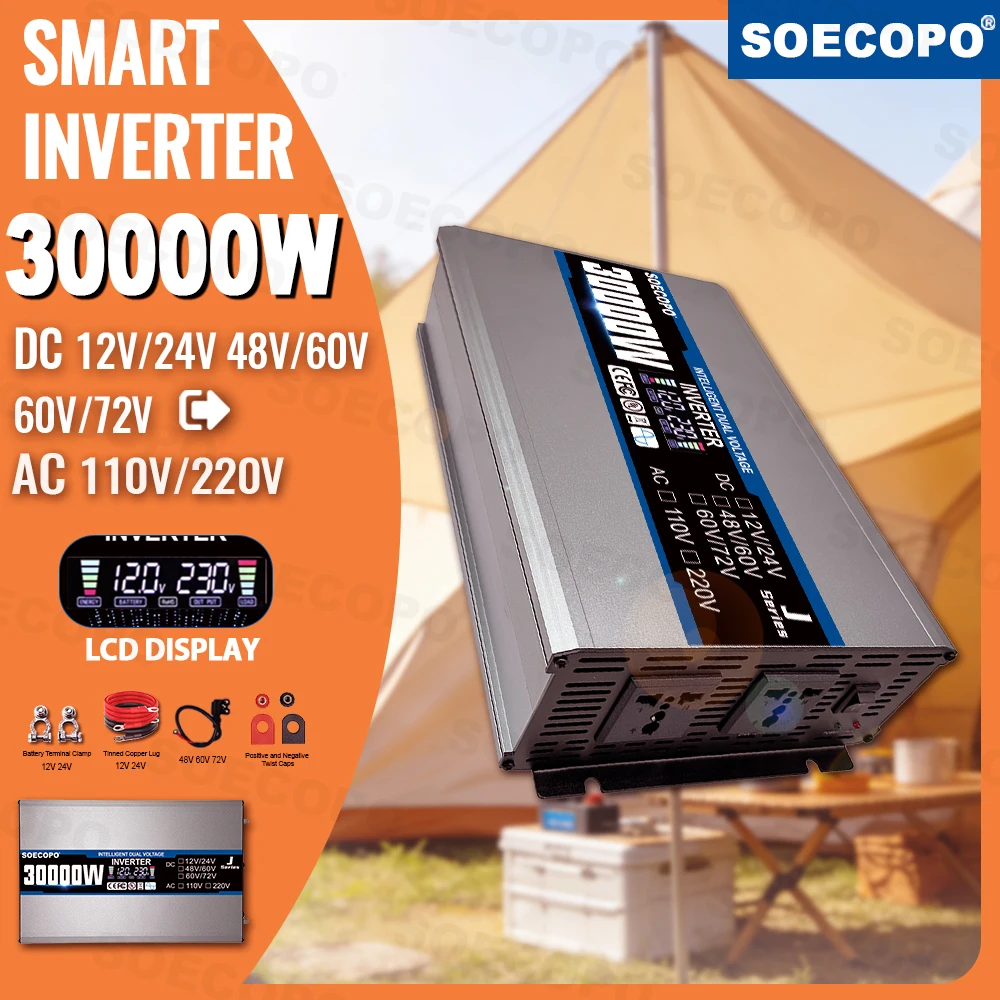 

20000W-30000W Car Power Inverter DC 12V 24V 48V 60V 72V To AC 220V 50Hz Voltage Transformer Smart LCD Display for Home Outdoor