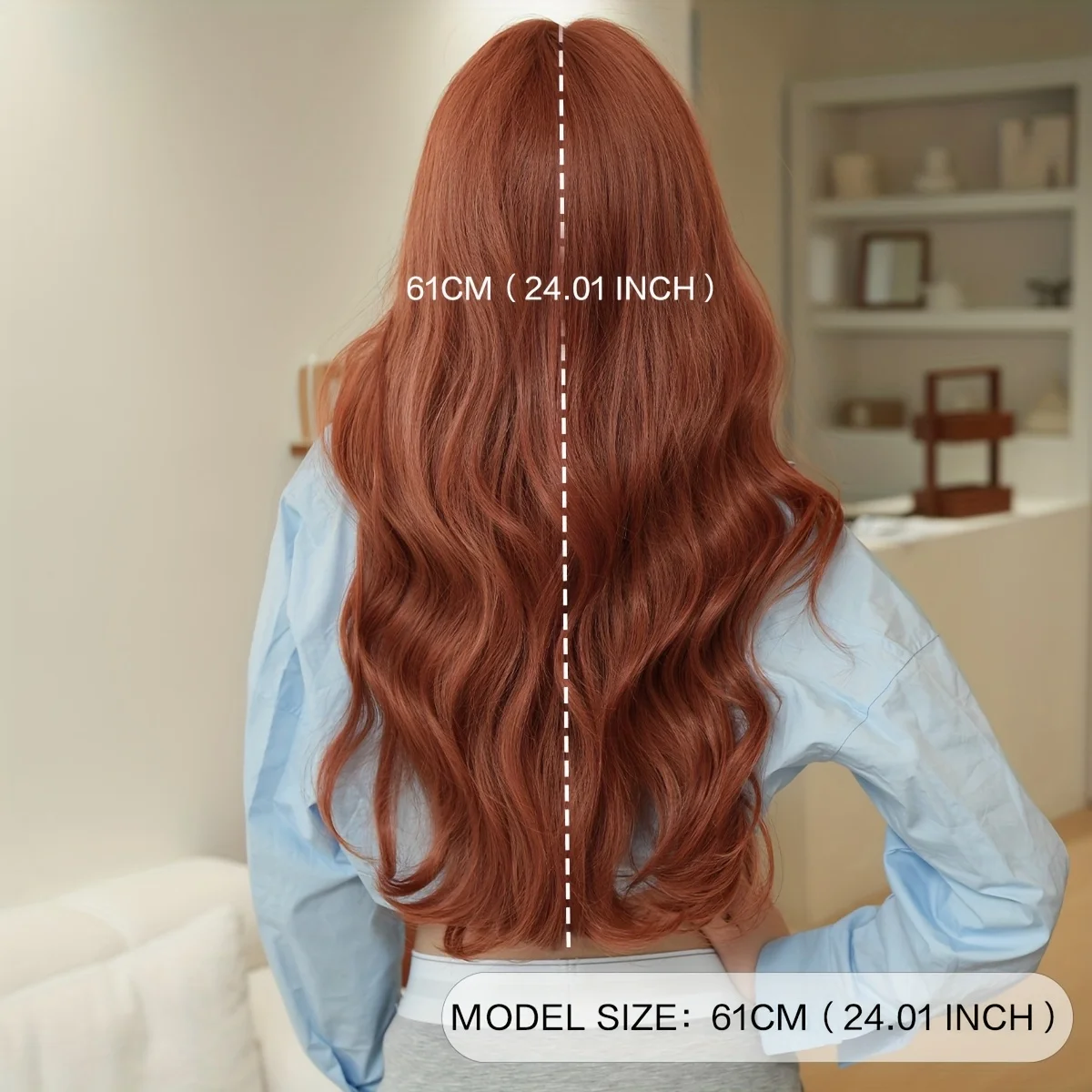 7JHH WIGS Long Water Wave Coppery Brown Wigs for Women Synthetic Modest Fashion Wear and Go Orange Wigs with Neat Bangs - view 4