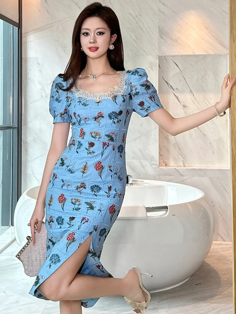 女性用ストリートウェア、ブルーの花柄刺繍入りパフスリーブ、スリムなミディ丈ペンシルドレス、エレガントなレディースファッション、パーティードレス、カジュアルな夏のワンピース