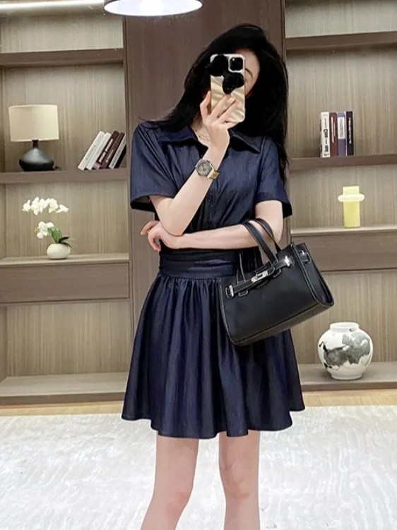 

Design Sensation Silk Denim Dress Women's A-Line Skirt Shirt Slimming Waist Design Summer New Style French Style Pure Color