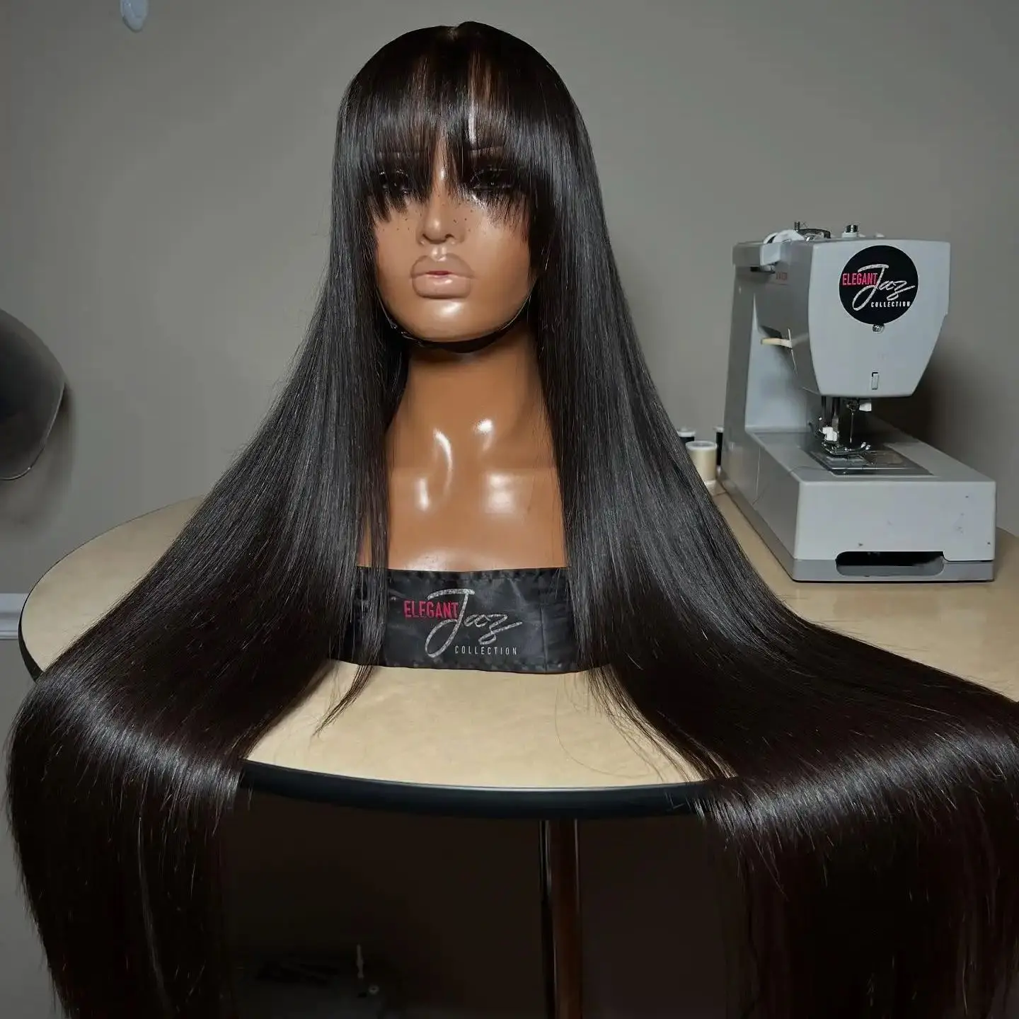 

Black Wig Bone Straight Lace Front Wig With Bangs 13X4 Lace Frontal Wigs Synthetic Daily Ready To Wear Heat Resistant PrePlucked