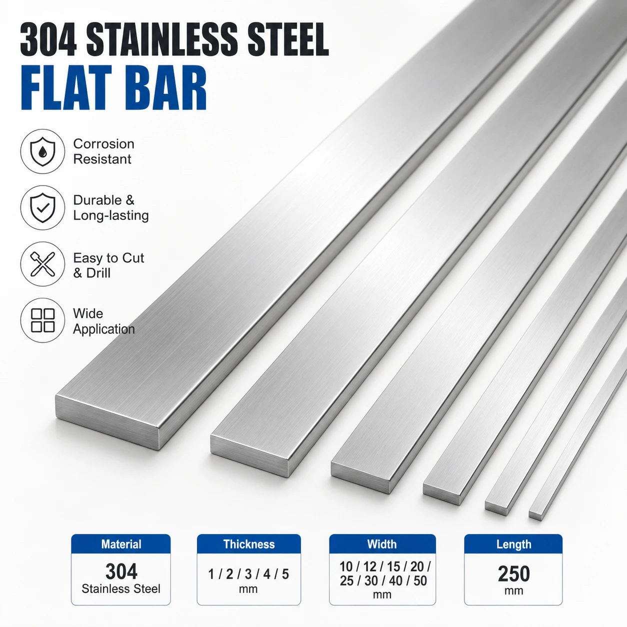 Image of 1–4 Stück flache Stangen aus Edelstahl 304, 250 mm, 1–4 mm dicke Metallstangenplatte für Heimwerkerbedarf und mechanische Reparaturen