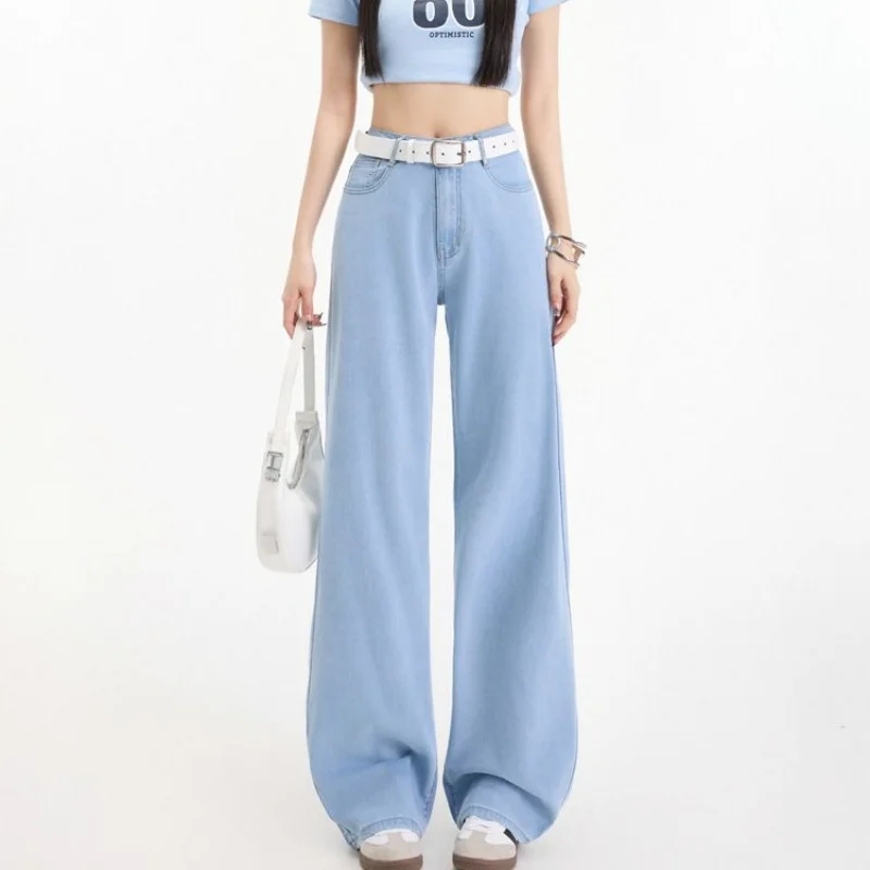 

Female Retro Designer Embroidery Blue Draped Jeans Girls High Waist Baggy Denim Trousers Women Fashion Straight Leg Pants