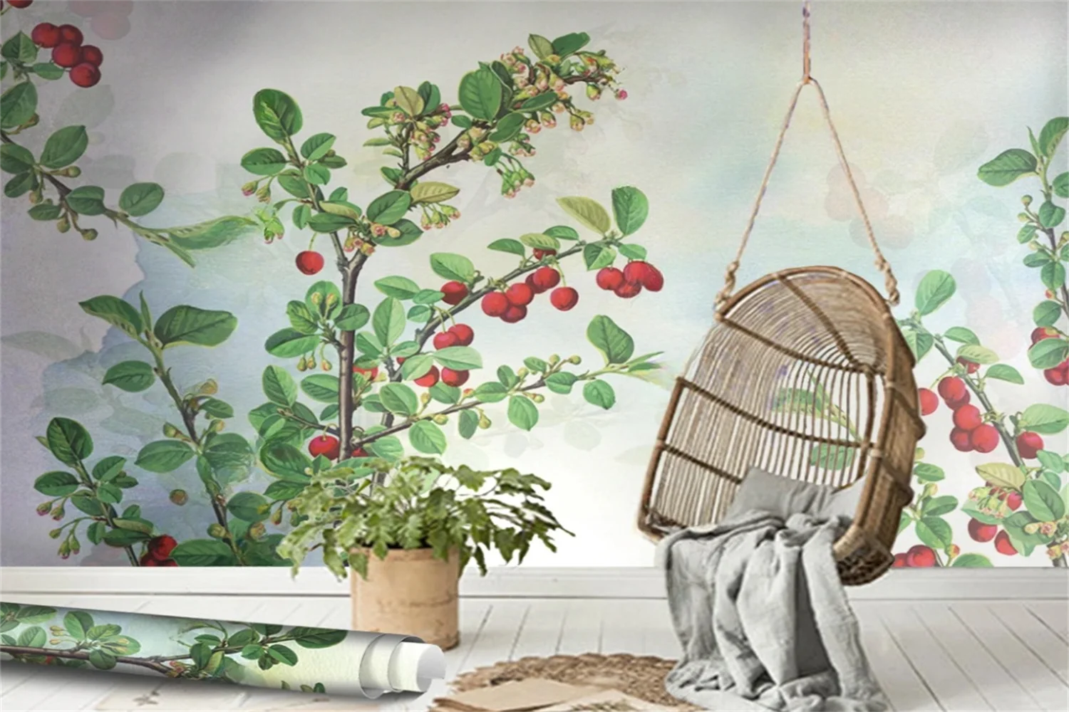 Customized size wallpaper, branches, flowers, fruits, murals, home decoration, pastoral style, flowers, forests hanging painting