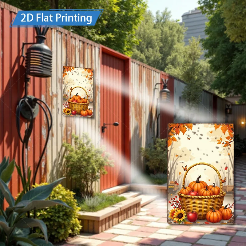 [2D FLAT] 1 قطعة علامة معدنية ، 8x8 بوصة سلة حصاد الخريف اليقطين التفاح عباد الشمس 2D طباعة مسطحة معدنية جدار ديكور فني