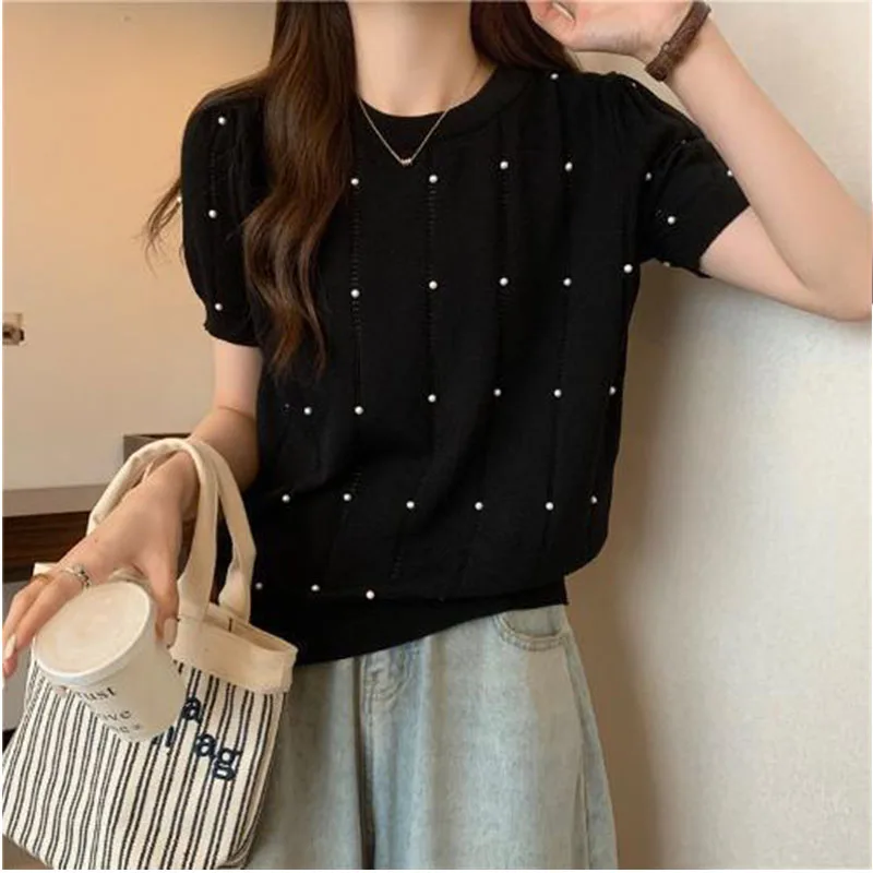 

Women's Clothing Loose Ice Silk T-shirt Summer Popular Hot Item Knitted Short Sleeve Pullover Lady All-match Round Neck Top Tees