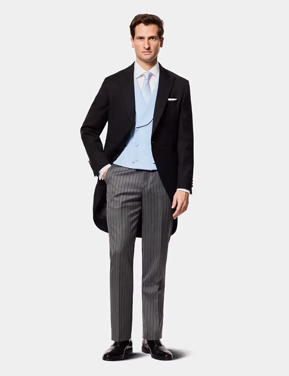 Men's Black Long Tail Morning Coat with Light Blue Vest and Striped Trousers 3 Piece Formal Suit Set Custom Made M264573