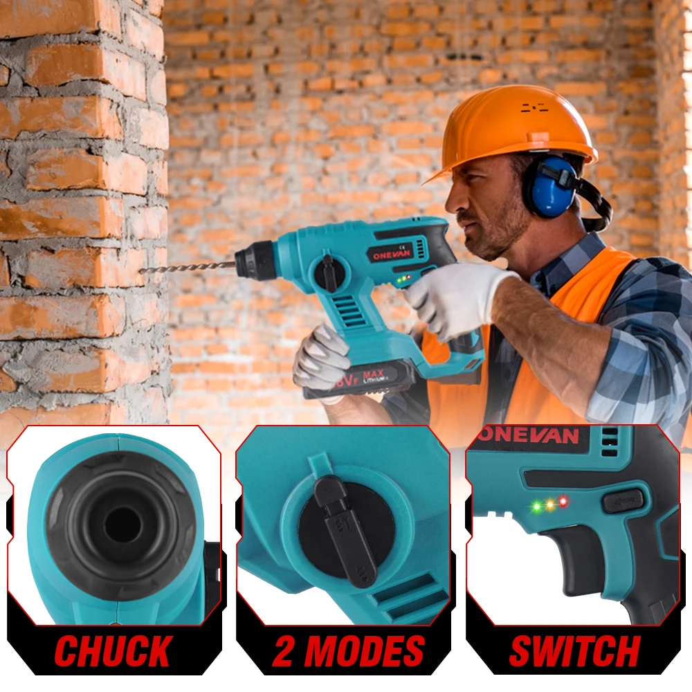 ONEVAN 1000W 3600RPM Electric Rotary Hammer Rechargeable Electric Hammer Impact Drill Woodworking Tools For Makita Battery Pin
