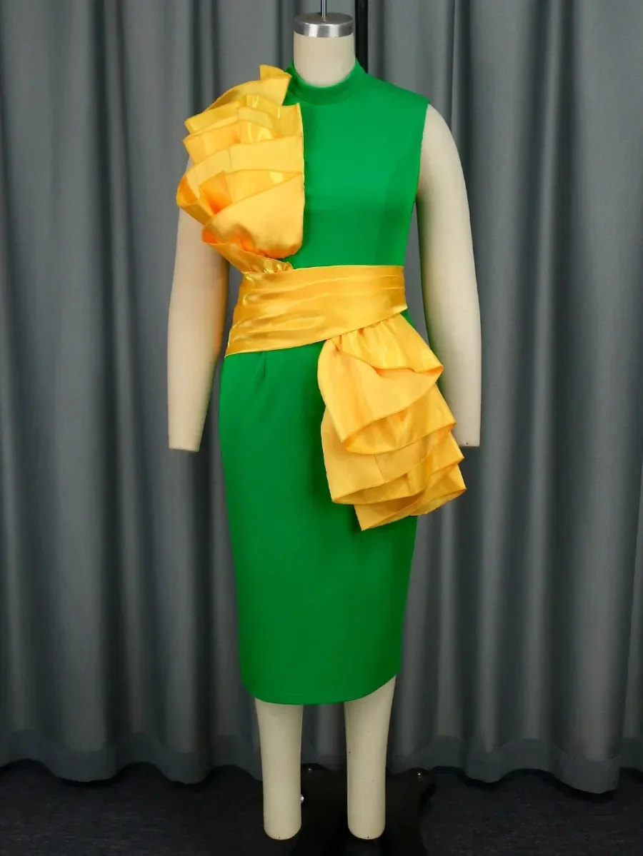 Green Midi Dresses Mock Neck Sleeveless Yellow Ruffles Empire Package Hip Evening Cocktail Event Party Gowns for Women