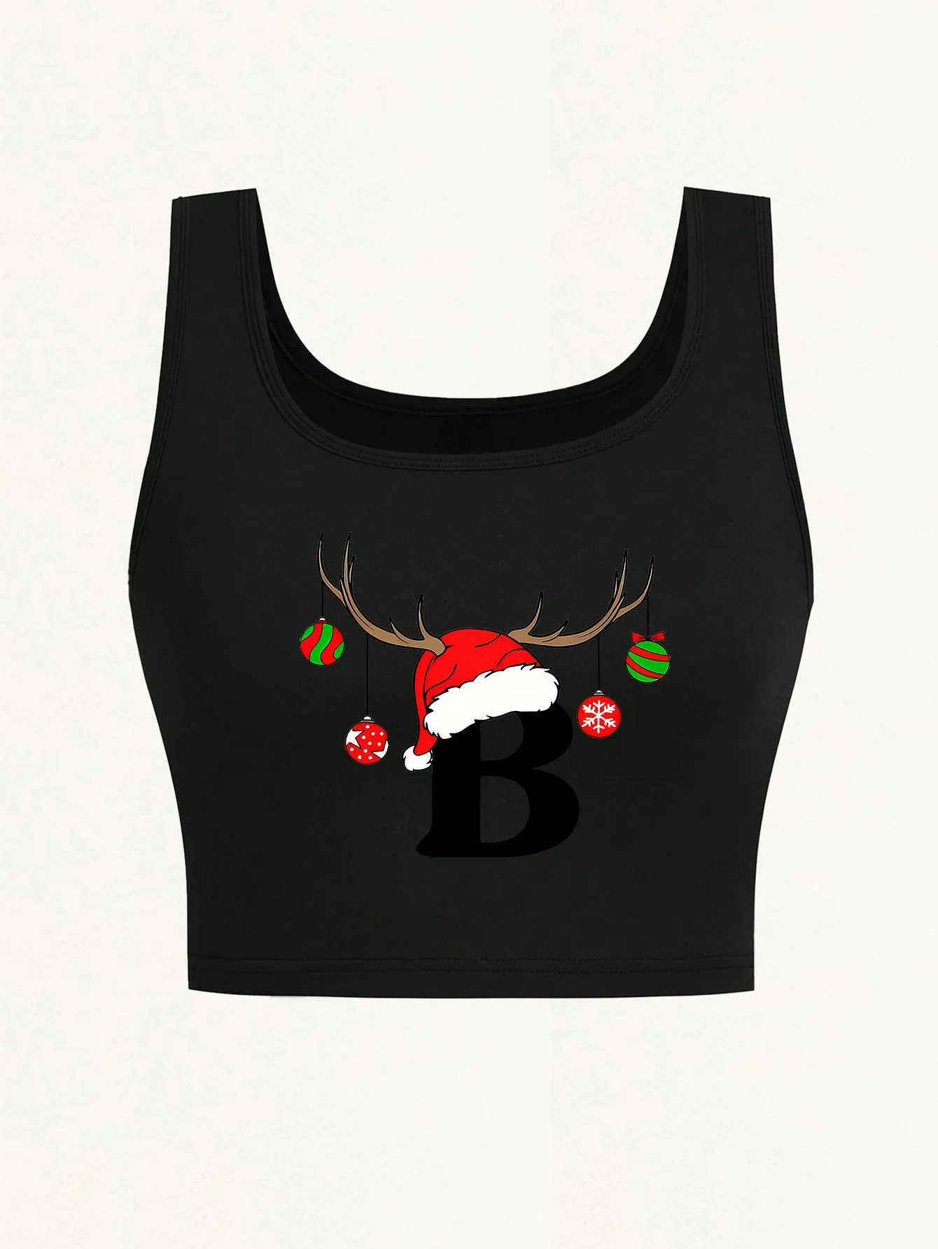 A Sleeveless Short Top with a Deep Round Neckline, Featuring a Christmas Hat And Small Ball Print, Perfect
