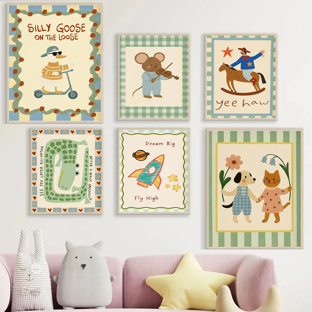 Baby Nursery Art - ملصق حائط بتصميم تمساح وبطة وصاروخ،