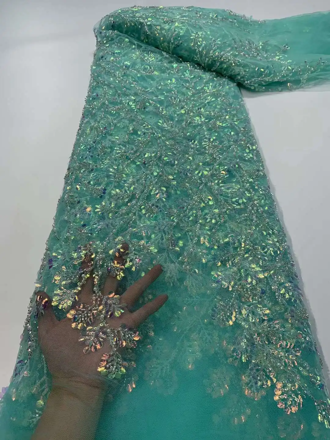 Shinny Good Looking Seagreen Embroidered Nigerian Lace Fabric 24JRB-11504 French  Material for Lady Fashion Show or Party Dress