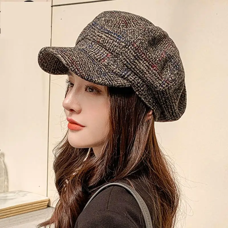 COKK Newsboy Cap Hat Women Winter Autumn Thickened Plaid Woolen Octagonal Hats For Women Casual Beret Ear Protection Painter Cap