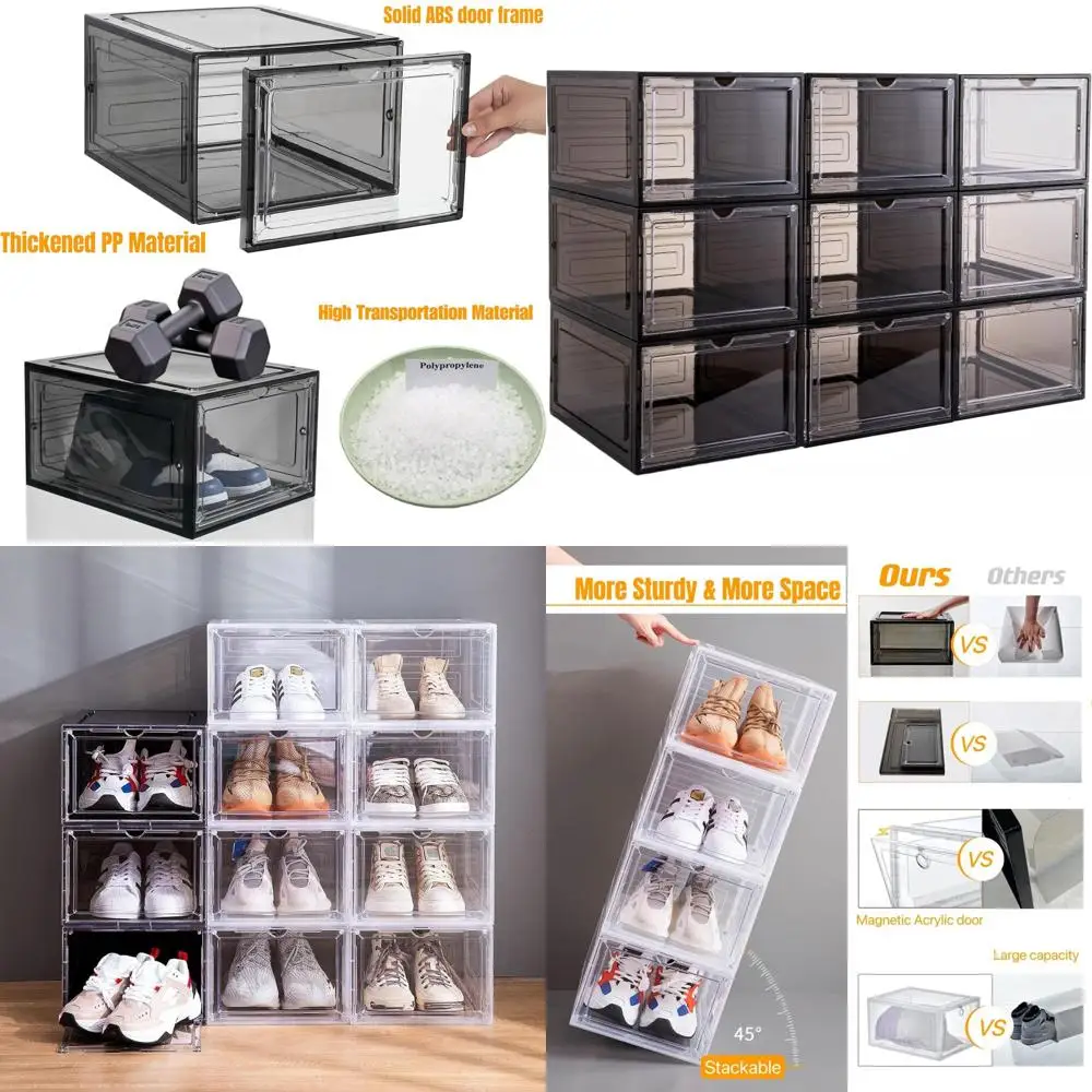 

X-Large Clear Plastic Shoe Boxes - Stackable Shoe Organizer with Magnetic Door, Drop Front Display Box (9 Pack, Clear Black)
