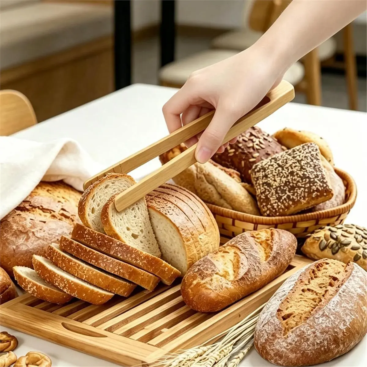 Bamboo Toast Tongs, Wooden Toaster Tongs with Anti-Slip Design, Kitchen Tongs for Cooking Salad Bread Food Serving