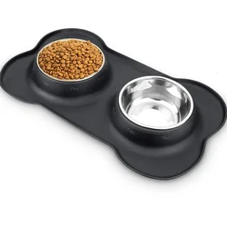 Anti-Slip Double Dog Bowl with Silicone Mat, Durable Stainless Steel, Water Food Feeder, Drinking Dish for Cats comedero perro