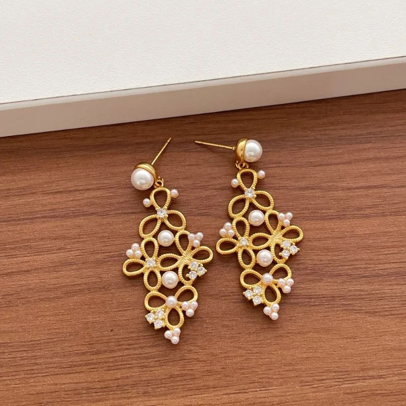 Minar High Quality Imitation Pearl Matte Color Hollow Out Geometric Statement Dangle Earrings for Women Real Gold Silver Copper