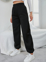 Women Black Elastic Waist Sweat Pants Casual Every Day Solid Pants