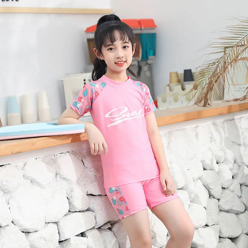 Girl Swimwear Girls Swimwear 3Pcs Swim Suit ( T Shirt+ Trunk+Cap) Short Sleeve Sunscreen Quick Dry Girl Set