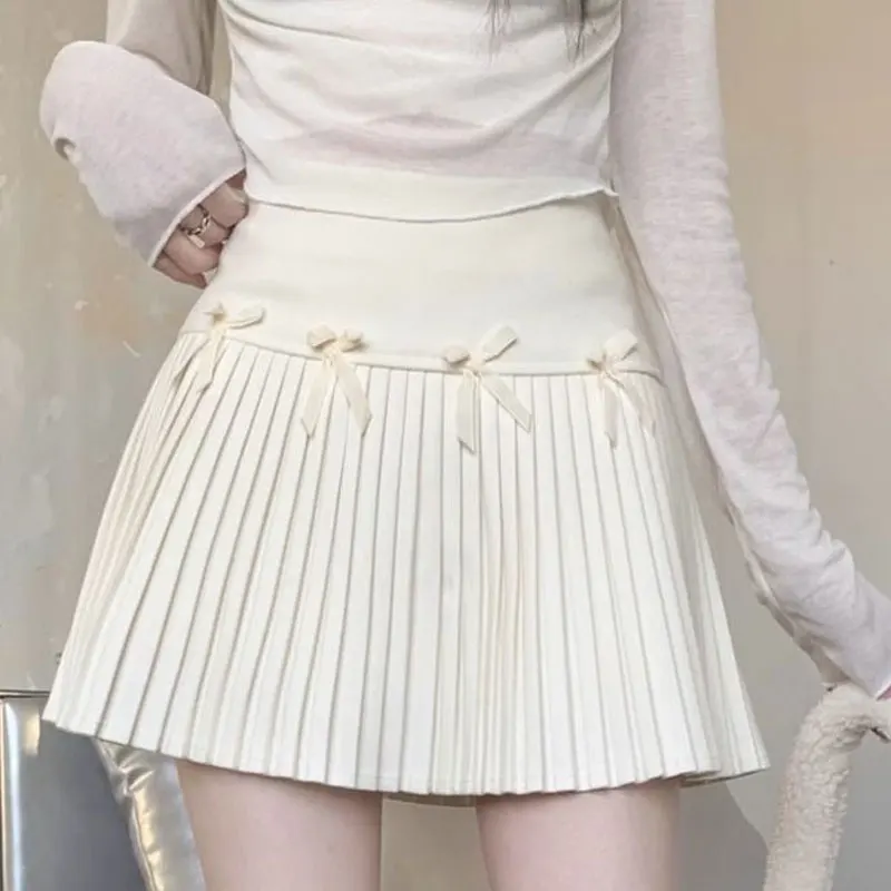 Sweet Bow A-Line Pleated Skirts Korean Female Clothing High Waist Zipper Spring Autumn Winter Hotsweet Solid Color Mini Skirts