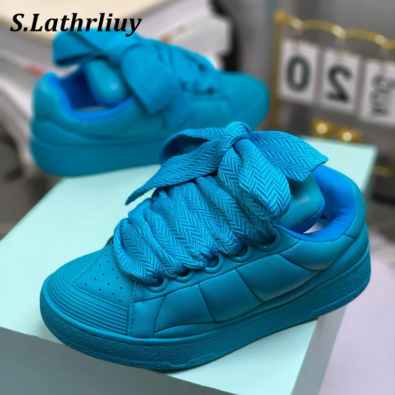 

2024 Spring Autumn Round Toe Lace Up Flat shoes Unisex Genuine Leather Breathable Sneakers Thick Bottom Bread Casual Shoes