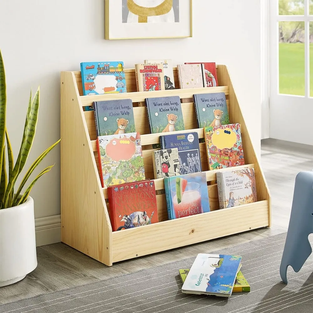 MUSHOMEINC Pinewood Single-Sided Bookcase Display Stand for Kids, Kids Storage Bookshelf with 4 Shelves, Book Display Rack for