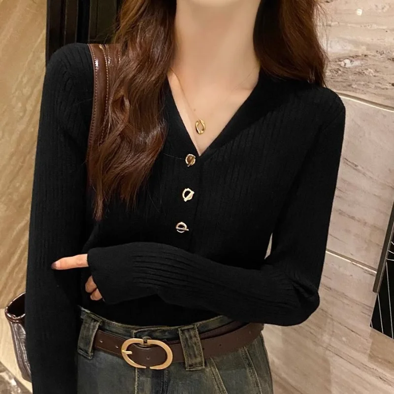 Women Autumn Winter Korean New V-neck Sweater Solid Buttons Look Thinner Versatile Knit Cozy Upscale Sweater Long Sleeved Tops